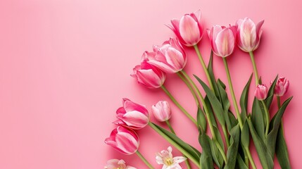 A stunning bouquet of pink tulips set against a soft pastel pink background, capturing the essence of beautiful spring flowers.