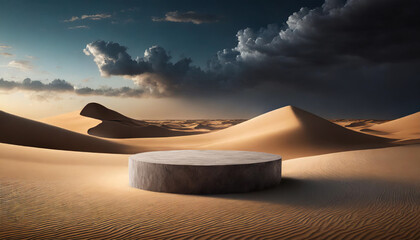 Fototapeta na wymiar Minimal podium in desert: dark environment, gradient sky, perfect for product presentation