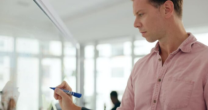 Businessman, tablet and writing by white board for brainstorming, mindmap and project management in office. Designer, idea and planning with technology on wall, solution and creativity in workplace