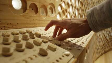 A persons fingers are seen delicately pressing down on a row of buttons on a wooden panel. Each button triggers a different recorded sound and the person creates own - obrazy, fototapety, plakaty