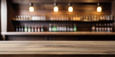 Rustic empty wooden table top of bar counter liquor store with copy space for your decoration. Vintage pub interior, Restaurant space. Abstract blurred bar background for product placement - obrazy, fototapety, plakaty