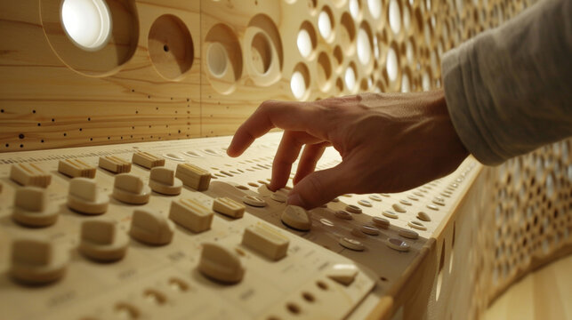 A persons fingers are seen delicately pressing down on a row of buttons on a wooden panel. Each button triggers a different recorded sound and the person creates own