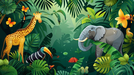 Bright tropical background with cartoon jungle animals 
