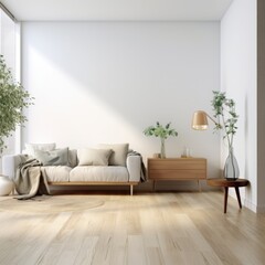 This living room features white walls and wooden floors, embodying a modern Scandinavian design style. The room is furnished with minimalist wood furniture, creating a clean and spacious atmosphere.