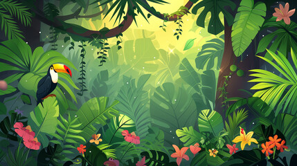 Bright tropical background with cartoon jungle animals  - obrazy, fototapety, plakaty