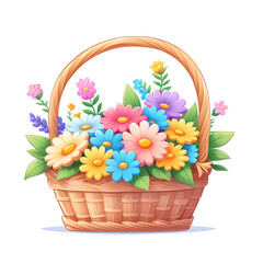 Fototapeta na wymiar Beautiful assortment of flowers in a wicker basket. Drawing, illustration.