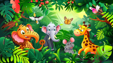 Obraz premium Bright tropical background with cartoon jungle animals 