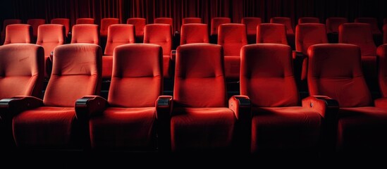A straight row of empty red seats in a theater, creating a symmetrical pattern. Each seat is comfortable and upholstered in a vivid shade of red, inviting audiences to sit and enjoy a show.