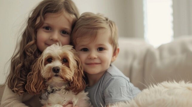 Portrait of a little boy and a little girl with their dog on white background, background image, generative AI