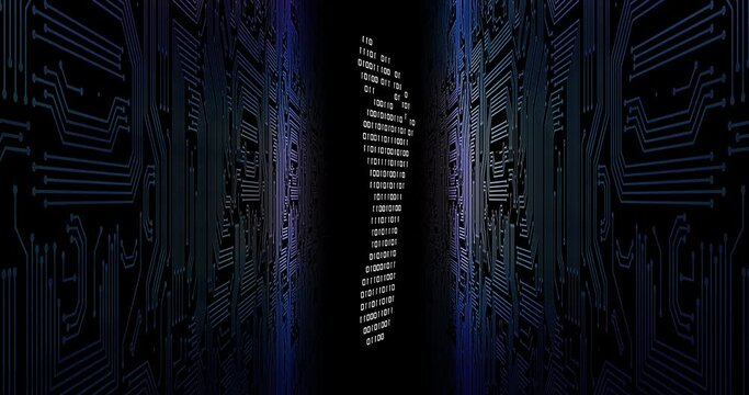 Animated digital footprint with binary numbers on black electronic background (3D rendering)