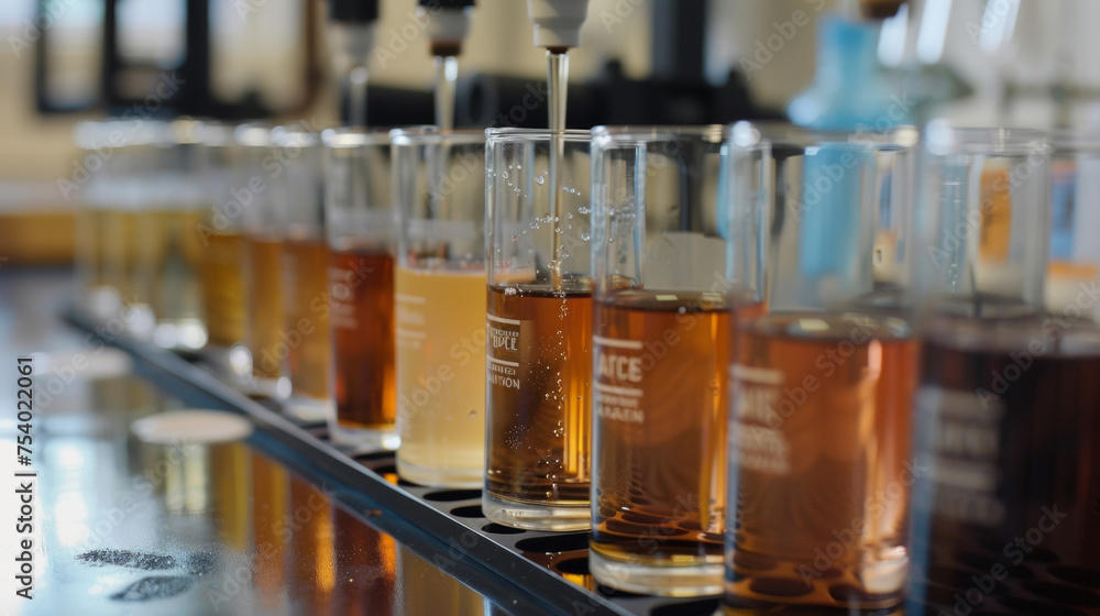 Poster a series of beakers and test tubes filled with different solutions are lined up on a lab bench. in t