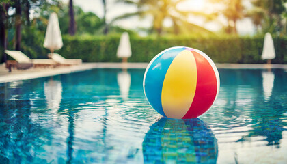 colorful beach ball floats on luxurious pool, inviting relaxation and fun in the sun