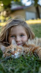 Portrait of a little girl with her cat on the backyard as a background, background image, generative AI