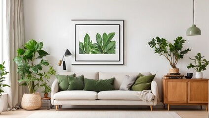 A cozy living room setup with a white wall showcasing a blank poster frame, beside a wooden sideboard decorated with a small green plant Generative AI