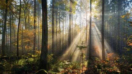 The forest glows with the gentle rays of sunlight, creating a serene and peaceful atmosphere.