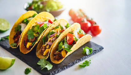 Three tacos on white table with bright background, perfect for Taco Tuesday promotions