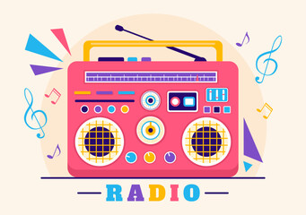 Obraz premium Radio Vector Illustration with a Musical Instrument used to Send Signals for Record, Old Receiver and Listening to Music in Flat Cartoon Background