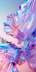 Abstract background with wavy folds and iridescent paint splashes in blue and pink colors.