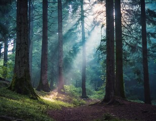 Mystical Forest with beaming light through the trees