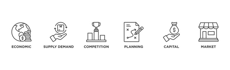 Market economy banner web icon vector illustration concept with icon of economic, supply demand, competition, planning, capital, market	