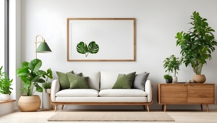 A modern living room with a white wall, featuring a mockup of a blank poster frame, a wooden sideboard, and a touch of greenery from a small plant Generative AI