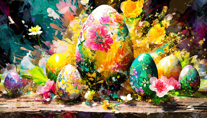 Abstract exploding photon easter eggs and flowers decoration on wooden acrylic paint on digital art concept.