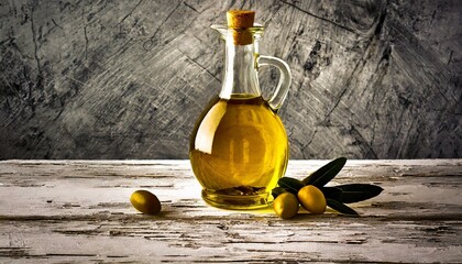Azeite de oliva em objeto de vidro sobre madeira branca com textura grunge. Alimento, Saudável, Liquido. - obrazy, fototapety, plakaty