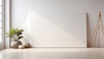 An empty art canvas displayed on a laminate floor, set against the backdrop of a white wall for a mockup Generative AI - obrazy, fototapety, plakaty