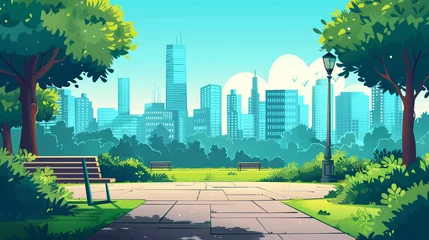 Poster cartoon illustration of a modern empty city park with skyscrapers buildings background  © AhmadSoleh