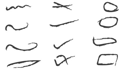 Abstract grunge charcoal scribble stripes, handdrawn doodle bold shapes. Chalk crayon, marker doodle rouge freehand scratches. lines, waves, arrows, squiggles by brushstroke. Vector illustration