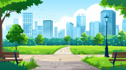 cartoon illustration of a modern empty city park with skyscrapers buildings background 