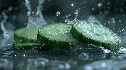 Crispy cucumber slices glisten when placed neatly on a shiny surface. With each drop of water gracefully splashing onto the surface. Captivates the senses with freshness and vitality.