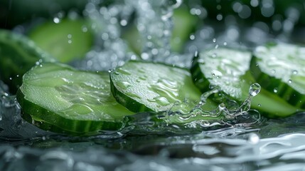 Crispy cucumber slices glisten when placed neatly on a shiny surface. With each drop of water gracefully splashing onto the surface. Captivates the senses with freshness and vitality.