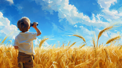 Cute little boy in the wheat field looking through binoculars. Kid exploring nature.
