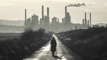 Solitude walk along a peaceful scenic road under a clear sky juxtaposed against the looming industrial silhouette of distant factories