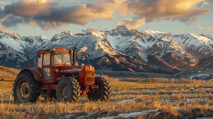 Sunset on the farm a red tractor stands out against a backdrop of snowcapped mountains blending the warmth of work with the chill of nature