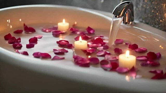 Closeup of a relaxing bubble bath, with lit candles and flower petals floating on the waters surface. 4k video. seamless looping, relaxing nature video, calming nature videos, youtube, stock videos