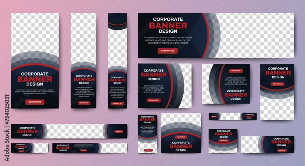 Poster set of red web advertising banner template design. modern web layout set with standard size. vector