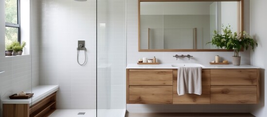 A contemporary bathroom featuring a sleek sink, a large mirror, and a spacious shower area. The room is filled with natural light flowing in from a window.