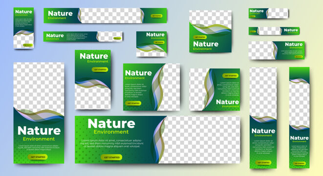Nature environment banner template design. Green web set layout with standard size. vector