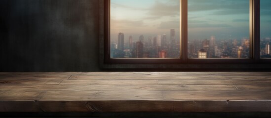 A wooden table is positioned in front of a window, offering a clear view of a bustling cityscape outside. The tables surface is visible,