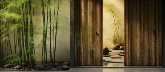 A painting featuring bamboo trees and rocks positioned in front of a door. The bamboo trees stand tall and slender, while the rocks add a rugged texture to the composition.