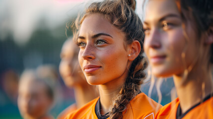 College women soccer players on a field in orange uniform.