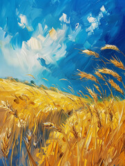 Oil painting of wheat field with blue sky and clouds. 