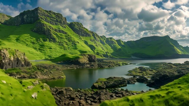 lake in the mountains landscape. 4k video animation