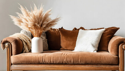 Modern and cozy brown sofa with a lamp and a vase of pampas grass, isolated on a white background.