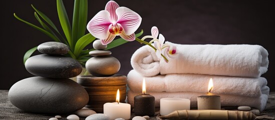 A spa setting featuring towels, candles, and flowers tastefully arranged on a table. The scene exudes a sense of relaxation and indulgence, inviting one to unwind and rejuvenate.