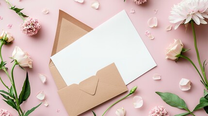 Blank invitation or greeting card mockup with flowers and envelope, wedding card flat lay,generative ai, 