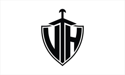 VH initial letter shield icon gaming logo design vector template. batman logo, sports logo, monogram, polygon, war game, symbol, playing logo, abstract, fighting, typography, icon, minimal, knife logo