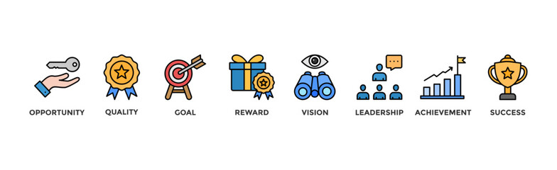 Encourage banner web icon illustration concept with icon of opportunity, quality, goal, reward, vision, leadership, achievement, success	